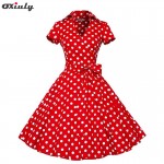 Oxiuly Women Ball Gown Dress Audrey Hepburn Elegant White Black Polka Dot ShortSleeve Dress Ladies Casual Short A-Line Dresses