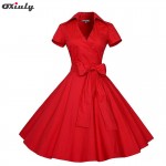 Oxiuly Women Ball Gown Dress Audrey Hepburn Elegant White Black Polka Dot ShortSleeve Dress Ladies Casual Short A-Line Dresses