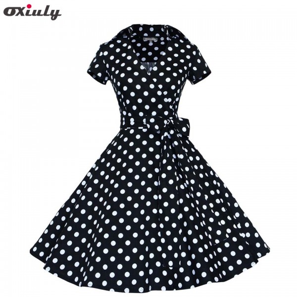 Oxiuly Women Ball Gown Dress Audrey Hepburn Elegant White Black Polka Dot ShortSleeve Dress Ladies Casual Short A-Line Dresses