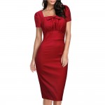 Oxiuly Women Elegant Vintage Pin Up Ruched Tunic Square Collar Business Casual Work Party Stretch Bodycon Pencil Sheath Dress 