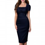 Oxiuly Women Elegant Vintage Pin Up Ruched Tunic Square Collar Business Casual Work Party Stretch Bodycon Pencil Sheath Dress 