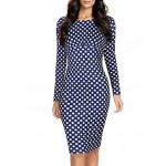 Oxiuly Women Vintage Polka Dot Print Long Sleeve Knee-Length Casual Stretchy Bodycon Pencil Dresses