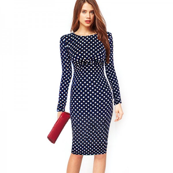 Oxiuly Women Vintage Polka Dot Print Long Sleeve Knee-Length Casual Stretchy Bodycon Pencil Dresses