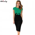 Oxiuly Womens Elegant Bowknot Patchwork Short Sleeve High Waist O-Neck Knee Casual Work Party Sheath Bodycon Pencil Office Dress