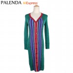 Palenda 2016 autumn sweater knit dress striped green wide fit v-neck fashion women female thick