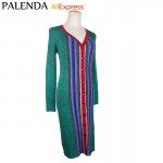 Palenda 2016 autumn sweater knit dress striped green wide fit v-neck fashion women female thick