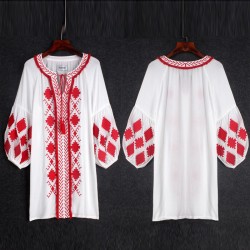 Palenda 2016 new autumn bohemian cotton embroidery tassel white dress lantern sleeve o-neck wide fit loose size large for women