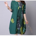 Patchwork Leaves Print Long Sleeve Dress Fashion Vintage 2016 cottonlinen Loose casual Women Dresses Party Femme Dress