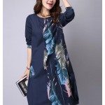 Patchwork Leaves Print Long Sleeve Dress Fashion Vintage 2016 cottonlinen Loose casual Women Dresses Party Femme Dress