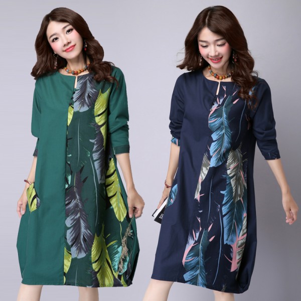 Patchwork Leaves Print Long Sleeve Dress Fashion Vintage 2016 cottonlinen Loose casual Women Dresses Party Femme Dress