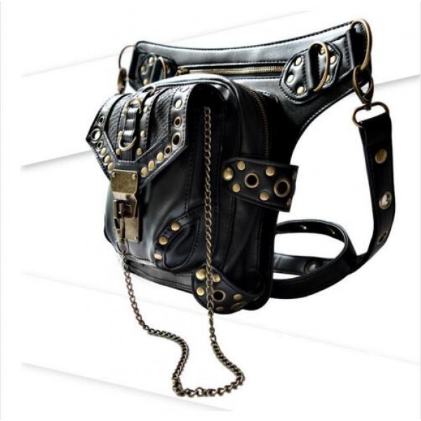 Personality Women/Men Black Leather Steampunk Mini Waistbag Motorcycle Leg Thigh Holster Bag Crossbody Bag