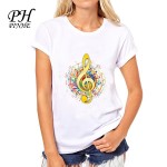 PinHe New2016 Brand Summer Clothing Treble Clef printed t shirts women Blusa Funny Music Note pattern Tee shirts femme tops