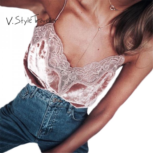 Pink Lace Slip Style Velvet Camis Sexy Velour Tank Top Women Casual Blouse Cheap Clothes China feminino mono mujer corto Tee E