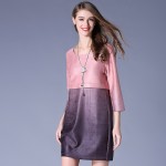 Pink Purple Two Tone Pieced Three Quarter Sleeve Imitation Suede Dress Plus Size Women Clothing 3xl