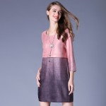 Pink Purple Two Tone Pieced Three Quarter Sleeve Imitation Suede Dress Plus Size Women Clothing 3xl