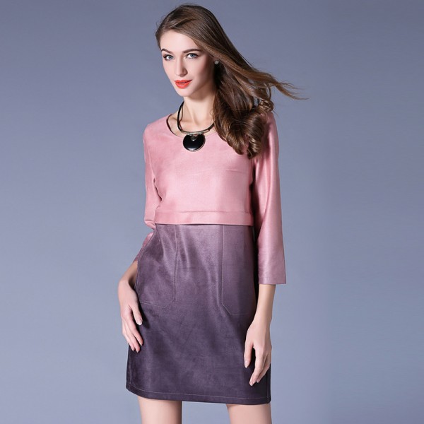 Pink Purple Two Tone Pieced Three Quarter Sleeve Imitation Suede Dress Plus Size Women Clothing 3xl