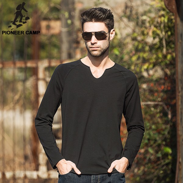 Pioneer Camp 2017 autumn new fashion mens t shirt long sleeve slim brand clothing v-neck eladtic tshirt personality solid 620013