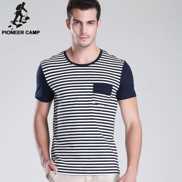 Pioneer Camp Free shipping .new 2017 men t shirt striped slim elastic cotton o-neck tshirts wear men clothing breathable