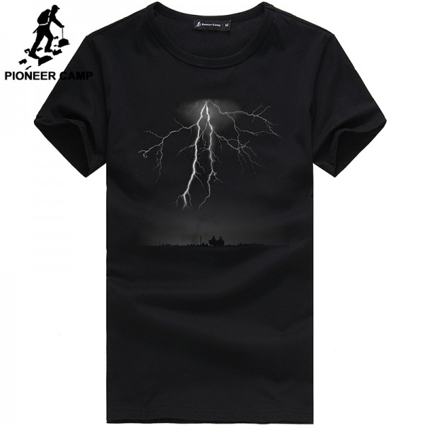 Pioneer Camp Lightning Printed T-Shirt Men Black T Shirt Mens Fashion men T Shirts Casual brand Clothing Cotton 3D Tshirt 405043