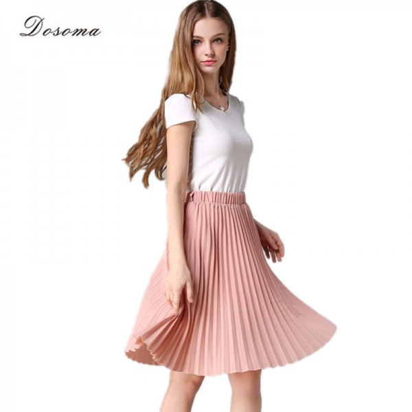 Pleated Skirt Spring/Autumn 2017 European Style Elegant Tulle Pleated Skirt Blue Chiffon Skirt Women's Vintage Pink Midi Skirt