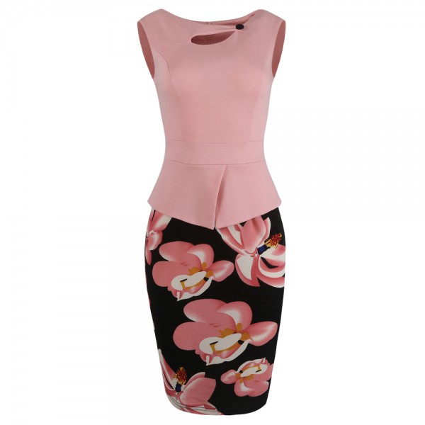 Plus Size 4XL 5XL Summer Women Print Floral Patchwork Working Pencil Dress Sleeveless Bodycon Office Sheath Sundress