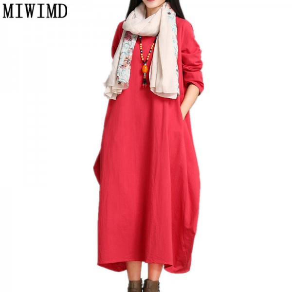 Plus Size Autumn Winter Dresses 2016 New Fashion Women Casual Solid color long-sleeved double Cotton Linen Long Dress Vestidos