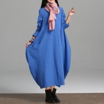 Plus Size Autumn Winter Dresses 2016 New Fashion Women Casual Solid color long-sleeved double Cotton Linen Long Dress Vestidos