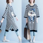 Plus Size Autumn Women Cotton Dress Kawaii Casual Cartoon Pattern Striped Printing Long Fashion Big Size Spring Lady Dresses