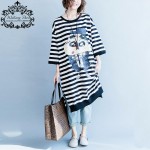 Plus Size Autumn Women Cotton Dress Kawaii Casual Cartoon Pattern Striped Printing Long Fashion Big Size Spring Lady Dresses