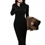 Plus Size Long Sleeve Slim Elegant Warm Knit Skinny Bodycon Maxi Dresses 2016 Winter Women Black Turtleneck Long Sweater Dress