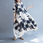 Plus Size Maxi Long Dresses Summer 2017 Cotton Linen Half Sleeve V-neck Printed Casual Loose Women Dress Vestidos Robe