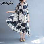 Plus Size Maxi Long Dresses Summer 2017 Cotton Linen Half Sleeve V-neck Printed Casual Loose Women Dress Vestidos Robe