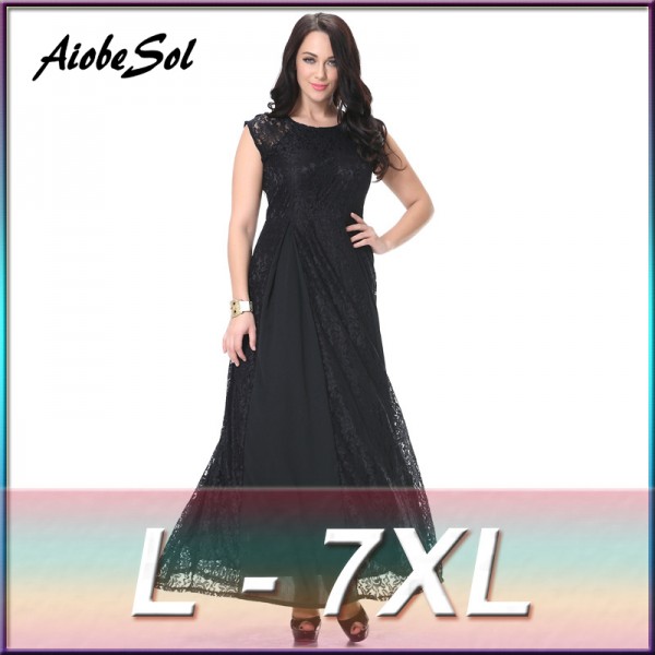 Plus Size Sexy Black Lace Dress 2017 New Arrival Women Elegant Patchwork Sleeveless Hollow Out Maxi Long Party Dress 4XL 5XL 6XL