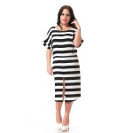 Plus Size Stripe Dress Women With split in front Casual loose dress with sexy hollow out back autumn 4 color dress 3xl-7xl 052