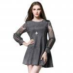 Plus Size Suede Dress Women Style Lace Sleeve Tunics Spliced Flared A Mini Dresses Grey Blue Plus Size xl-4xl,5xl