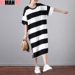 Plus Size Women Cotton Dress Striped Soft Summer Dress Long T-Shirt Female Casual Fashion Black White Split Basic New Dresses