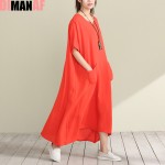 Plus Size Women Dress Solid Tops&Tees Linen V-Neck Vintage Female Fashion Orange Long Big Size Lady New Dresses Pocket Black 2XL