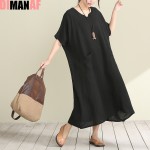 Plus Size Women Dress Solid Tops&Tees Linen V-Neck Vintage Female Fashion Orange Long Big Size Lady New Dresses Pocket Black 2XL