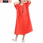 Plus Size Women Dress Solid Tops&Tees Linen V-Neck Vintage Female Fashion Orange Long Big Size Lady New Dresses Pocket Black 2XL