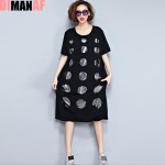 Plus Size Women Dress Summer Polka Dot Hole Print Tee Dress Female Big Size Loose Cotton T-Shirt Fashion O-Neck Black New Dress