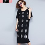 Plus Size Women Dress Summer Polka Dot Hole Print Tee Dress Female Big Size Loose Cotton T-Shirt Fashion O-Neck Black New Dress