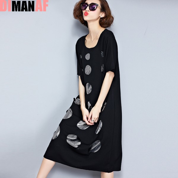 Plus Size Women Dress Summer Polka Dot Hole Print Tee Dress Female Big Size Loose Cotton T-Shirt Fashion O-Neck Black New Dress