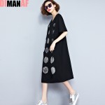 Plus Size Women Dress Summer Polka Dot Hole Print Tee Dress Female Big Size Loose Cotton T-Shirt Fashion O-Neck Black New Dress