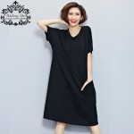 Plus Size Women Dress Summer Style T-Shirt Cotton Solid Print Long Tops Casual Female Elastic T Shirt Large Size Black Dresses