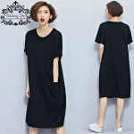 Plus Size Women Dress Summer Style T-Shirt Cotton Solid Print Long Tops Casual Female Elastic T Shirt Large Size Black Dresses