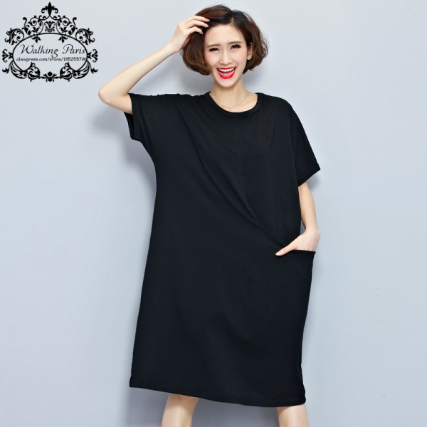 Plus Size Women Dress Summer Style T-Shirt Cotton Solid Print Long Tops Casual Female Elastic T Shirt Large Size Black Dresses