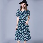 Plus size women stripe Dresses for fat summer new small V-neck chiffon dress short sleeve pleated  chiffon dress high quality