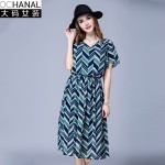 Plus size women stripe Dresses for fat summer new small V-neck chiffon dress short sleeve pleated  chiffon dress high quality