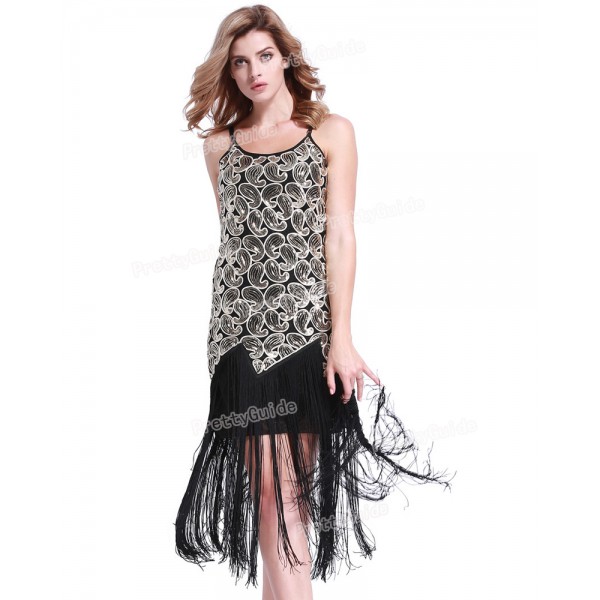 PrettyGuide  Women 1920s Sequin Paisley Sexy Tassels Hem Overlay Midi Flapper Party Dress Vintage Party Dress