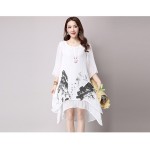 Print Linen Dresses Women Summer 2017 Loose Casual Dresses Straight O-neck Vestidos Plus Size Clothing Woman Casual White Dress